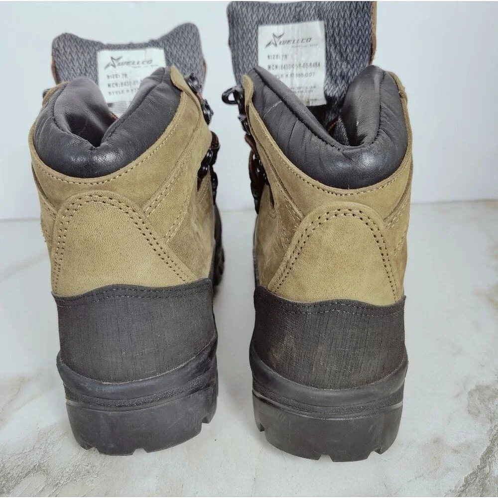 Wellco Men's Military Combat Hiker Tan Brown Leather Boots, Sz 7